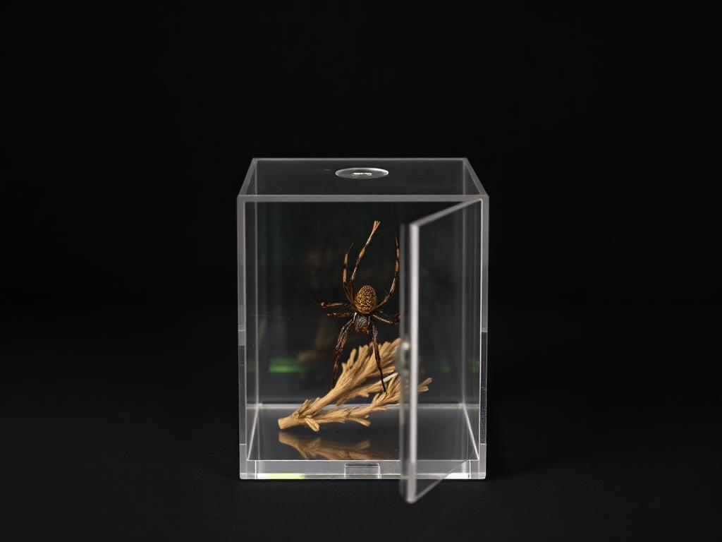 Minimal acrylic cube spider enclosure with a magnetic door
